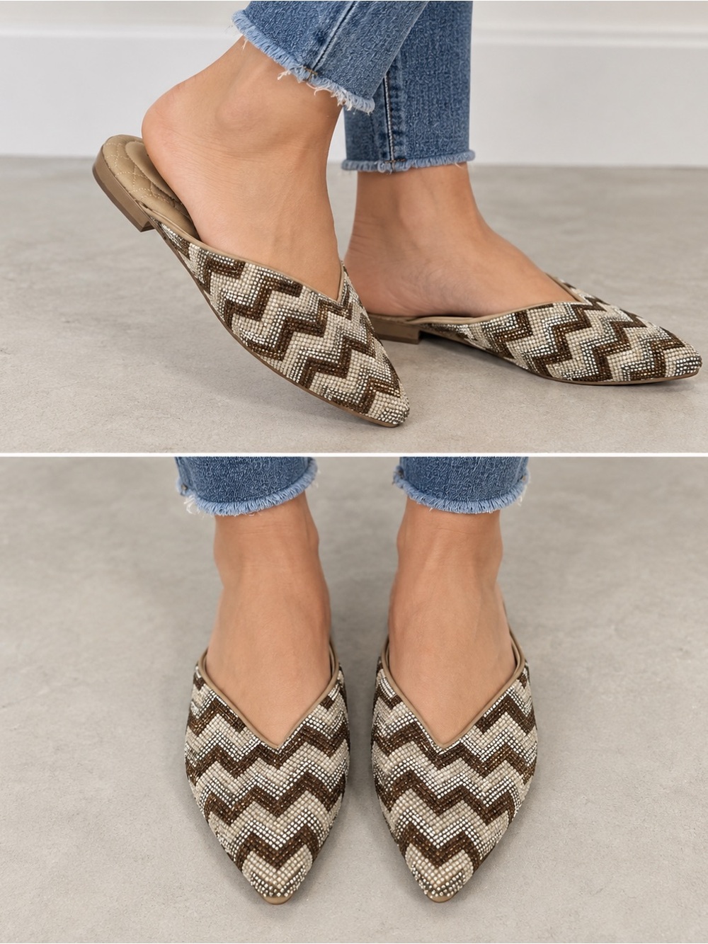Birdies Zigzag Pointed Toe Mule Flats in Brown and Cream